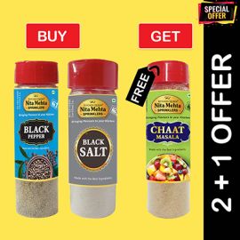 2+1 Combo Offer | Black Pepper Sprinkler 75g, Black Salt Sprinkler150g with FREE Chaat Masala Sprinkler 90g