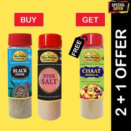 2+1 Combo Offer | Buy Black Pepper Sprinkler 75g and Pink Salt Sprinkler 150g - Get FREE Chaat Masala Sprinkler 90g