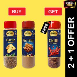 2+1 Combo Offer | Buy Garlic Bread Seasoning 70g and Piri Piri Seasoning 80g - Get FREE Chilli Flakes Seasoning 60g