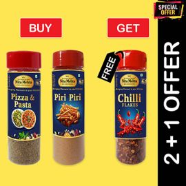 2+1 Combo Offer | Buy Pizza Pasta Seasoning 60g and Piri Piri Seasoning 80g - Get FREE Chilli Flakes Seasoning 60g