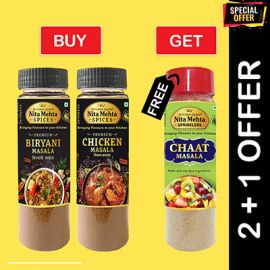 2+1 Combo Offer | Buy Premium Biryani Masala Bottle 90g and Premium Chicken Masala 90g - Get FREE Chaat Masala Sprinkler 90g