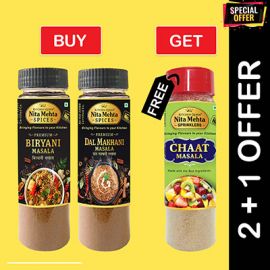 2+1 Combo Offer | Buy Premium Biryani Masala Bottle 90g and Premium Dal Makhani Masala 90g - Get FREE Chaat Masala Sprinkler 90g