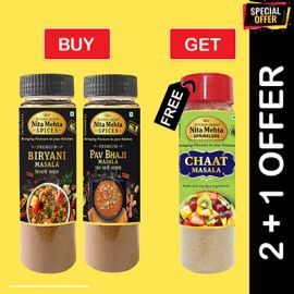 2+1 Combo Offer | Buy Premium Biryani Masala Bottle 90g and Premium Pav Bhaji Masala 90g - Get FREE Chaat Masala Sprinkler 90g