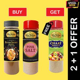 2+1 Combo Offer | Buy Premium Butter Chicken Masala Bottle 90g and Pink Salt Sprinkler 150g - Get FREE Chaat Masala Sprinkler 90g
