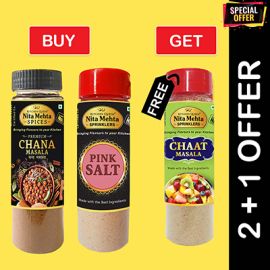 2+1 Combo Offer | Buy Premium Chana Masala Bottle 90g and Pink Salt Sprinkler 150g - Get FREE Chaat Masala Sprinkler 90g