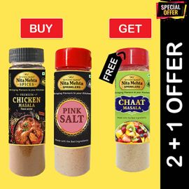 2+1 Combo Offer | Buy Premium Chicken Masala Bottle 90g and Pink Salt Sprinkler 150g - Get FREE Chaat Masala Sprinkler 90g