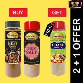 2+1 Combo Offer | Buy Premium Meat Masala Bottle 90g and Pink Salt Sprinkler 150g - Get FREE Chaat Masala Sprinkler 90g