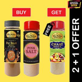 2+1 Combo Offer | Buy Premium Pav Bhaji Masala Bottle 90g and Pink Salt Sprinkler 150g - Get FREE Chaat Masala Sprinkler 90g