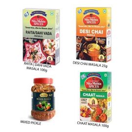 Everyday Spices and Pickle Combo Pack | 4 Pack | Chaat Masala 100g | Dahi Vada, Raita Masala 100g | Desi Chai Masala 25g | Mixed Pickle 500g