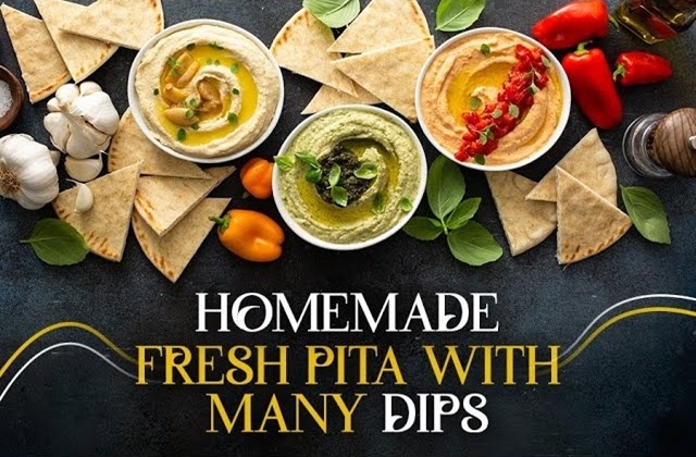 Homemade Fresh Pita with Many Dips